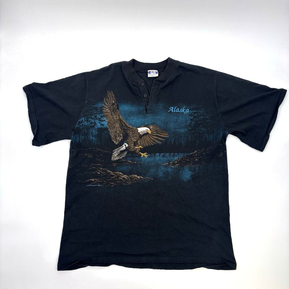Vintage 90s Art Unlimited Henley T Shirt XXL 2XL Bald Eagle Nature 1992